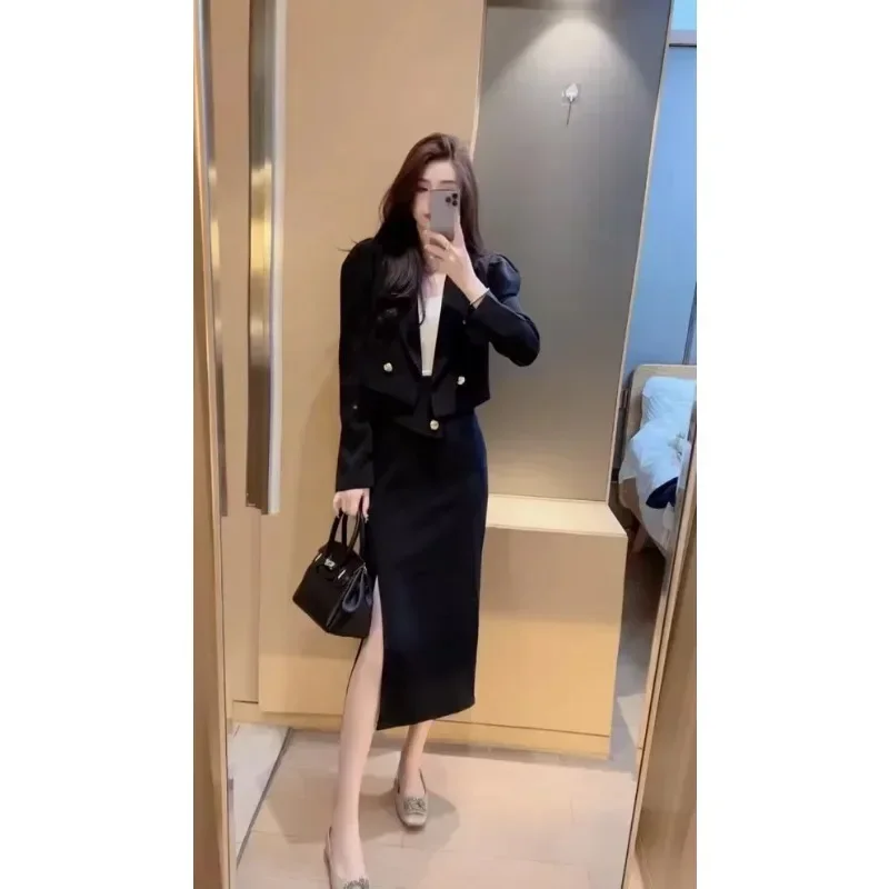 UNXX New Spring Autumn Retro Casual Short Blazers + Split Skirt Suits Commuter Solid Double-breasted Suit Overskirt 2-piece Sets