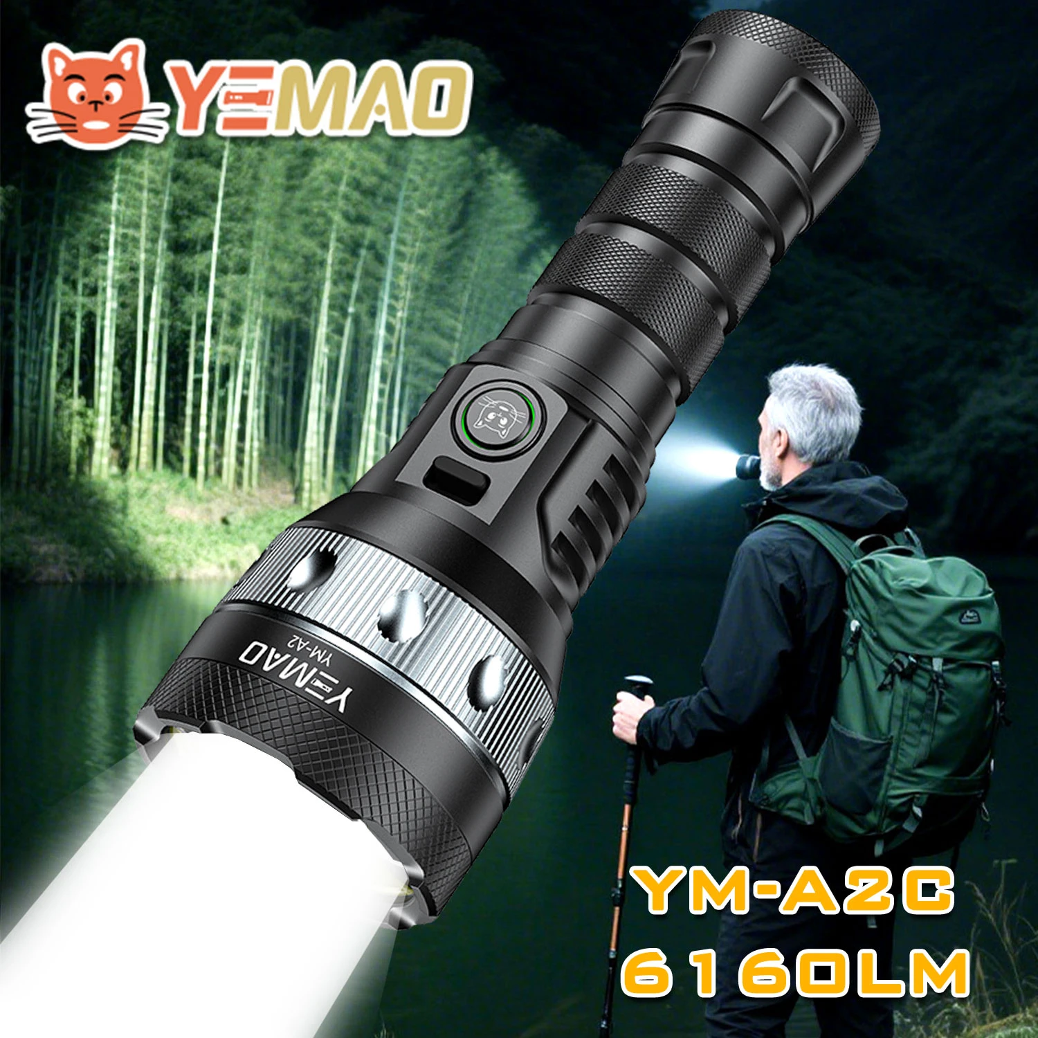 

YEMAO A2C Powerful LED Flashlight 21700 Power battery Lantern 6160LM 480meters with Quickly toggle switch search adventure torch