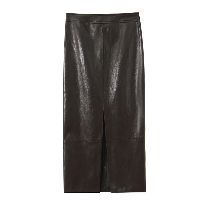 YENKYE Sexy Women Front Slit High Waist Faux Leather Midi Skirt New 2026 Spring Female Pencil faldas mujer