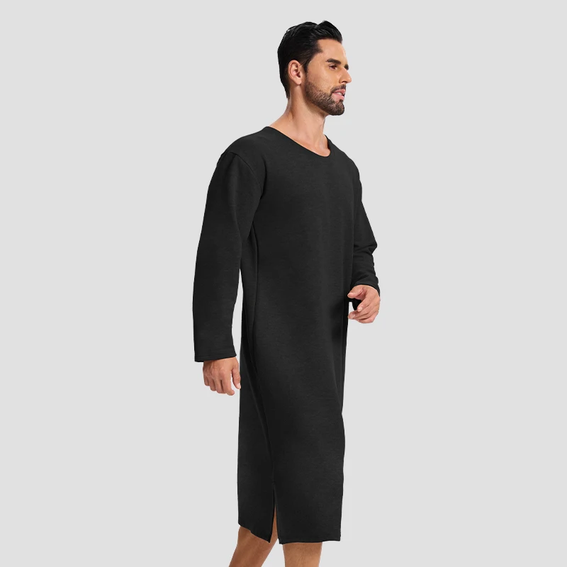 Men's autumn and winter long-sleeved one-piece nightgown, knee-length bathrobe, long nightgown, home wear, wool and silk pajamas