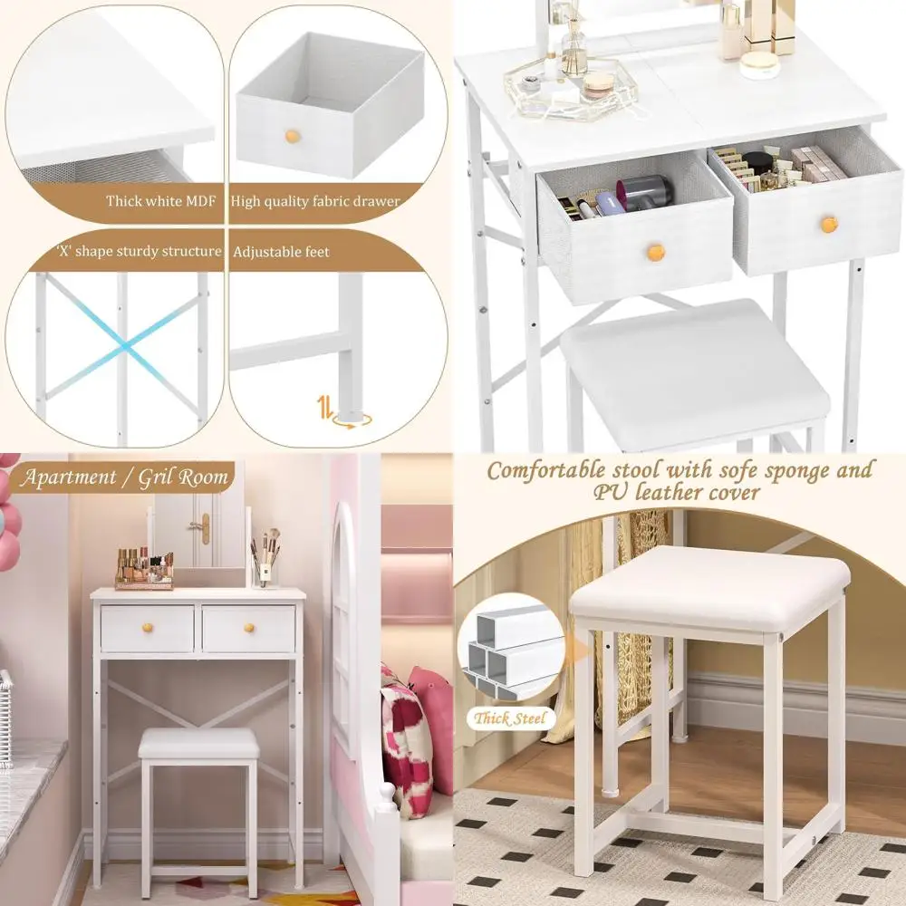

Compact White Makeup Vanity Desk with Mirror, Chair & Storage Drawer for Girls' Bedroom