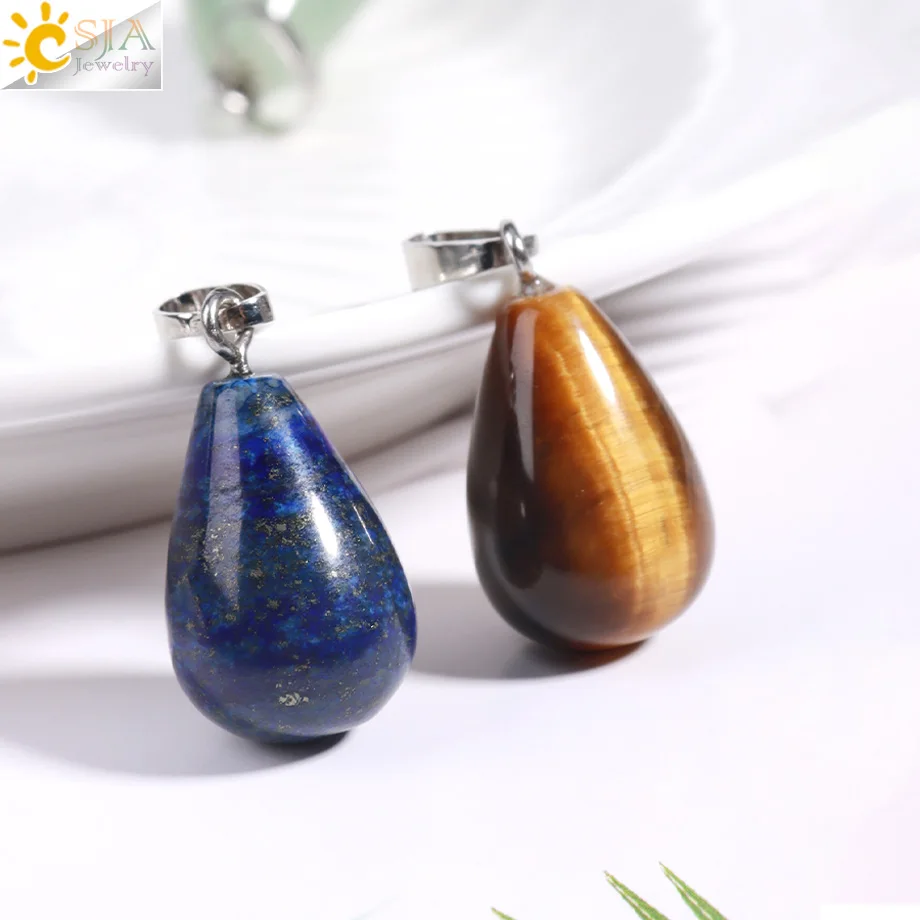 CSJA Natural Stone Water Drop Pendant Pear Shape Bead Purple Crystal Pink Quartz Simple Pendants for Necklace Women Jewelry F520