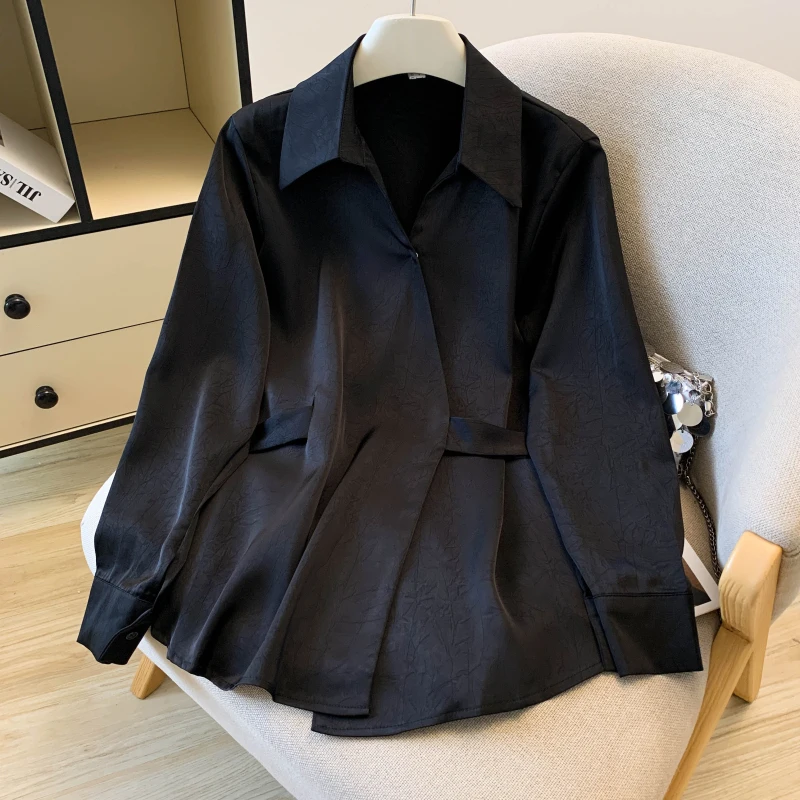Herfst elegante satijnen blouse voor dames abrikoos shirt met lange mouwen chique taille afslankend ontwerp niche stijl chique kantoor dame tops nieuw