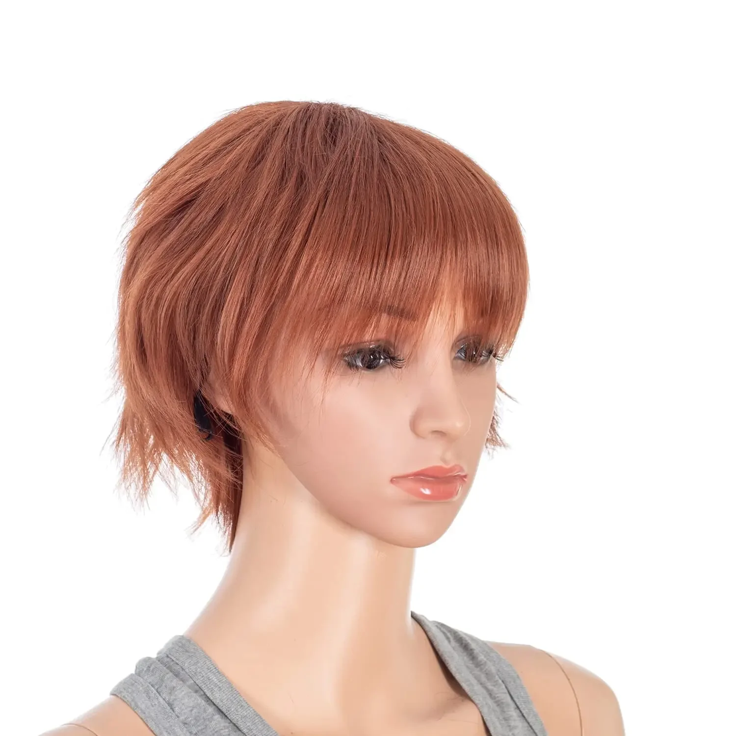 Perruque de cosplay anime courte à couches pointues à la mode unisexe pour hommes et femmes rouge cuivre foncé