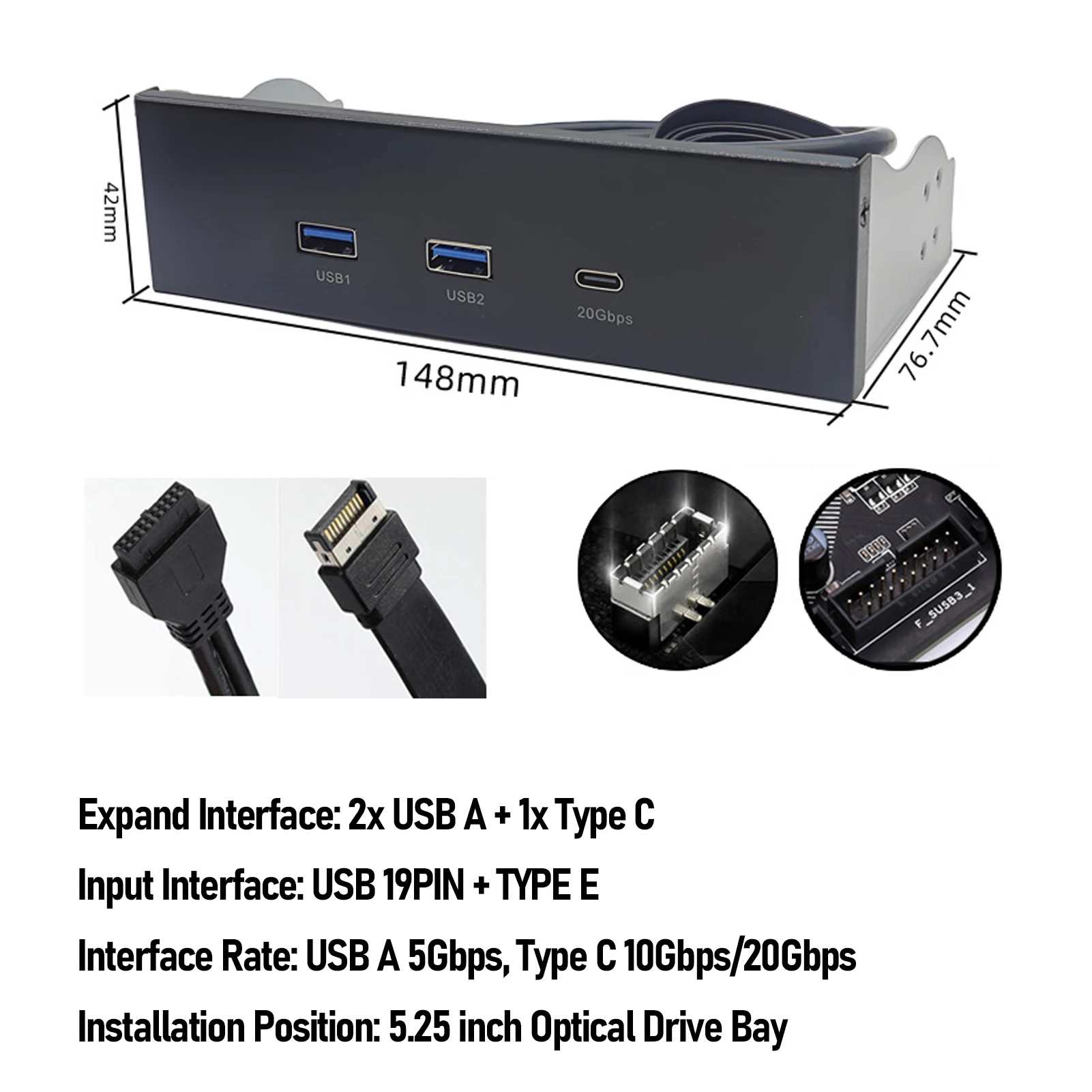 USB Front Panel Hub GEN2x2 USB A TYPE C 3 Ports 5.25 Inch 19 Pin 20Gbps Optical Drive Extension Panel for PC Computer