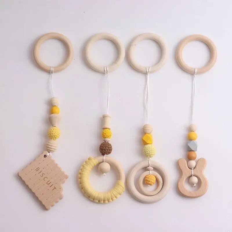 Q22D 4 Pcs Baby Gym Frame Pendants Stroller Rattle Wooden Ring Beads Teether Hanging Mobile Bed Infants Newborn Nursing