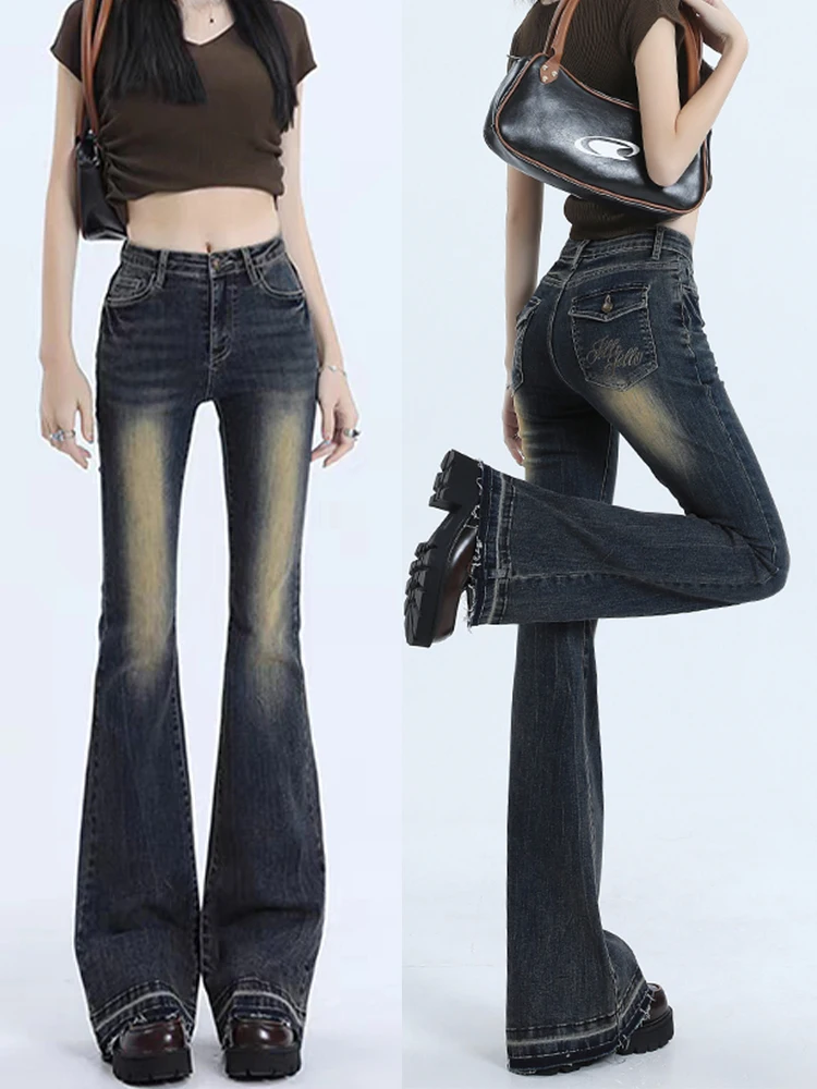 

High Waist Bell Bottom Jeans Women's Slim Fit Vintage Style Long Pants Deep Blue Cotton Blend Resistant to Wrinkles And Loss ...