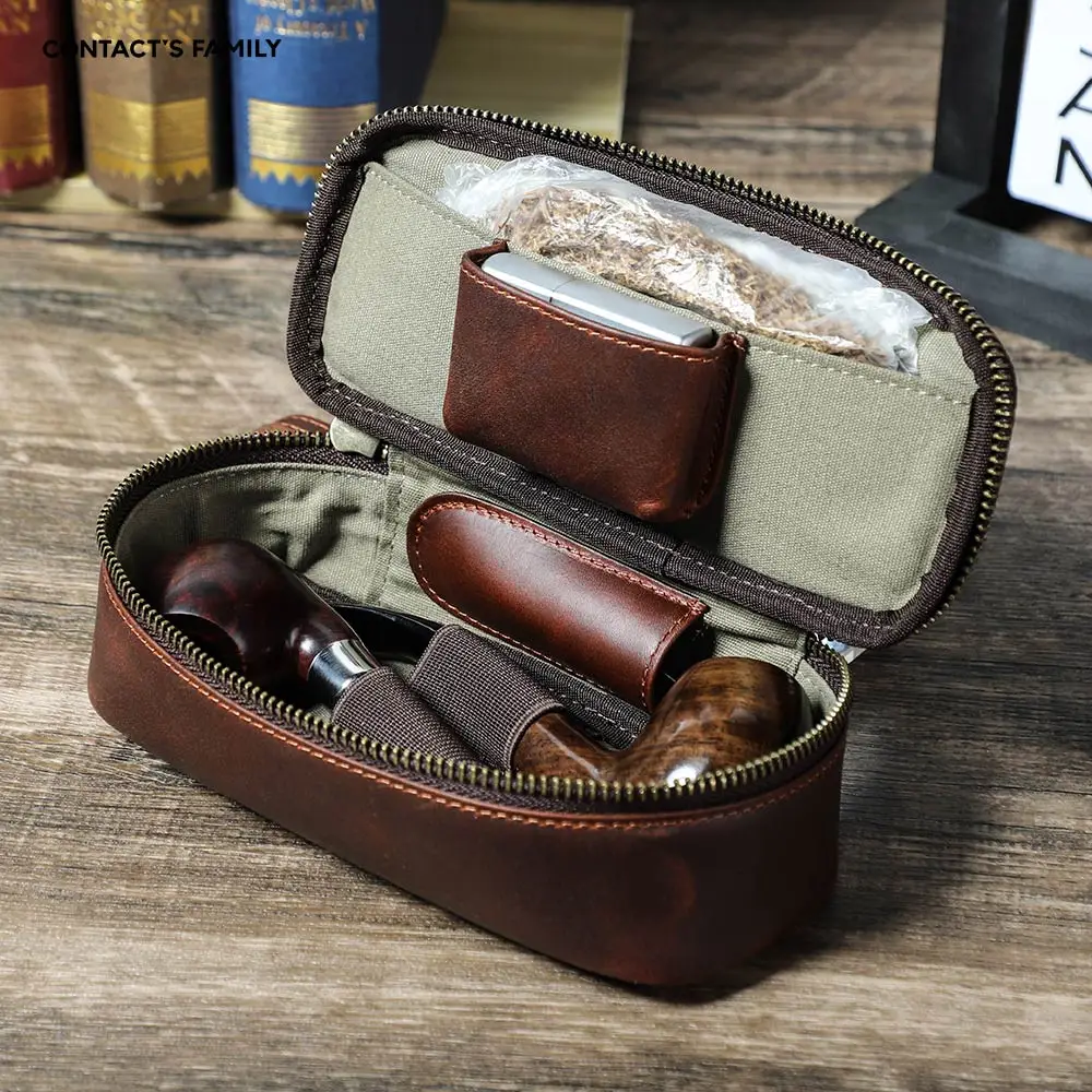 

Portable Genuine Leather Tobacco Pipe Bag Can Hold Two Pipes Zippered Cigarette Holder Smoking Paper Holder Case Wallet Bag