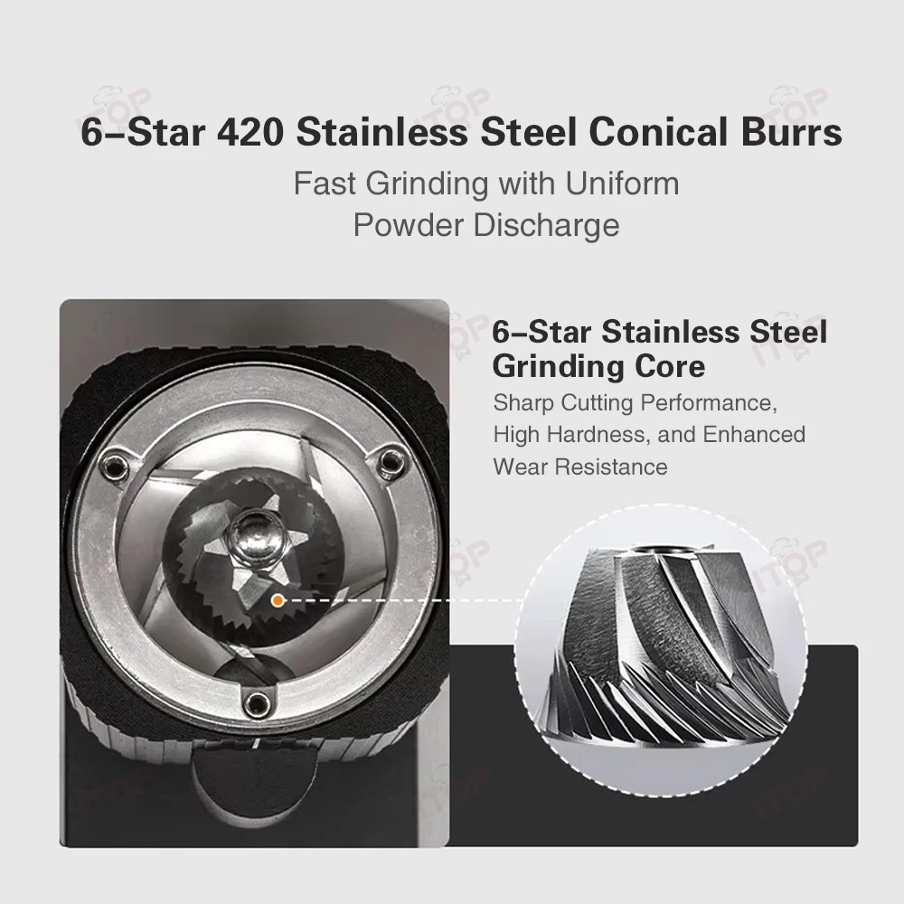 مطحنة قهوة كهربائية من ITOP، مطحنة قهوة قابلة لإعادة الشحن، 38 مم من الفولاذ المقاوم للصدأ للإسبريسو