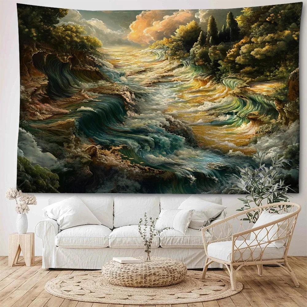 Dreamy mountains, rivers, scenery by the sea, sunset, sea scenery, decoration, tapestry, home background decoration