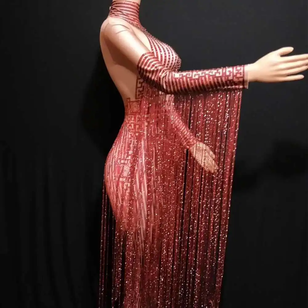 シャイニングラインストーンレッドフリンジジャンプスーツ女性長袖ストレッチレオタードナイトクラブ歌手ポールダンスステージ着用タッセル衣装