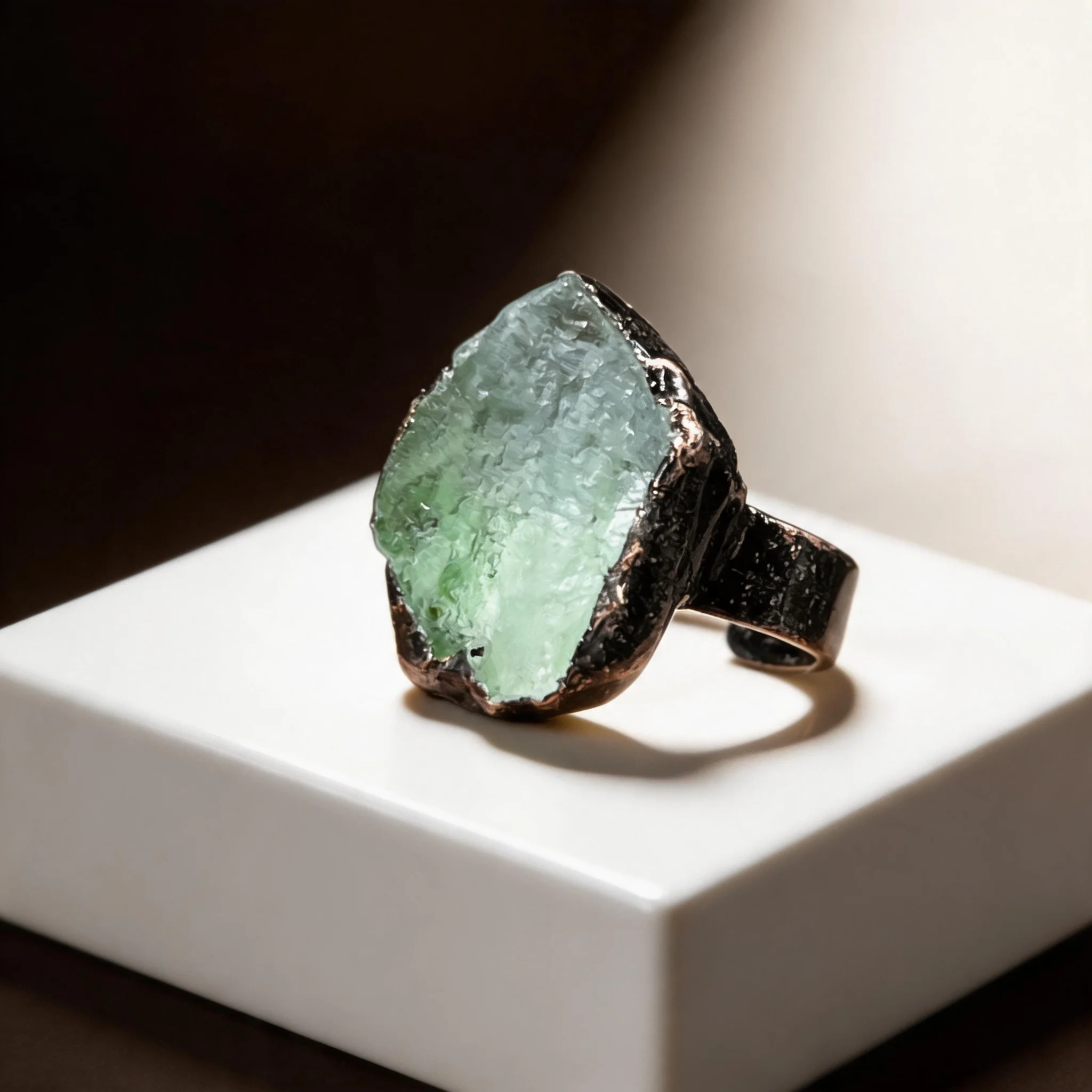 Adjustable Raw Green Fluorite Rough Ring, Antique Bronze Solder Plated Wire Wrapped Open Ring, Handmade Bohemian Crystal Healing