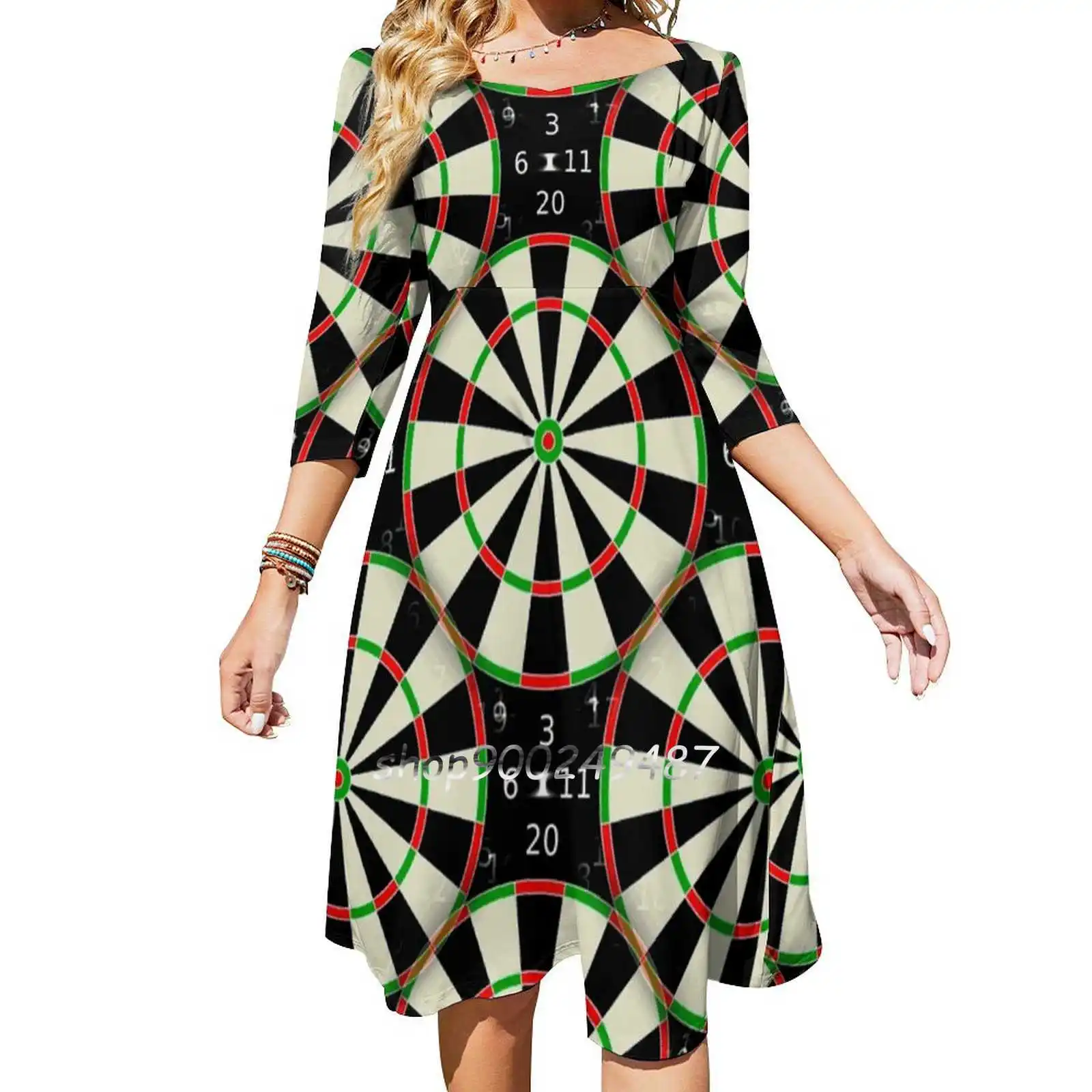 Dartboard Design 180 Flare Dress Square Neck Dress Elegant Female Fashion Printed Dress Dartboard 180 Darts