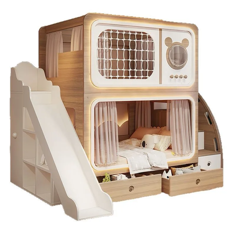 ！@Log-colored Kids Bunk Bed, Twin-over-Twin Bed for Small Spaces, Parent-child Bunk Bed for Children