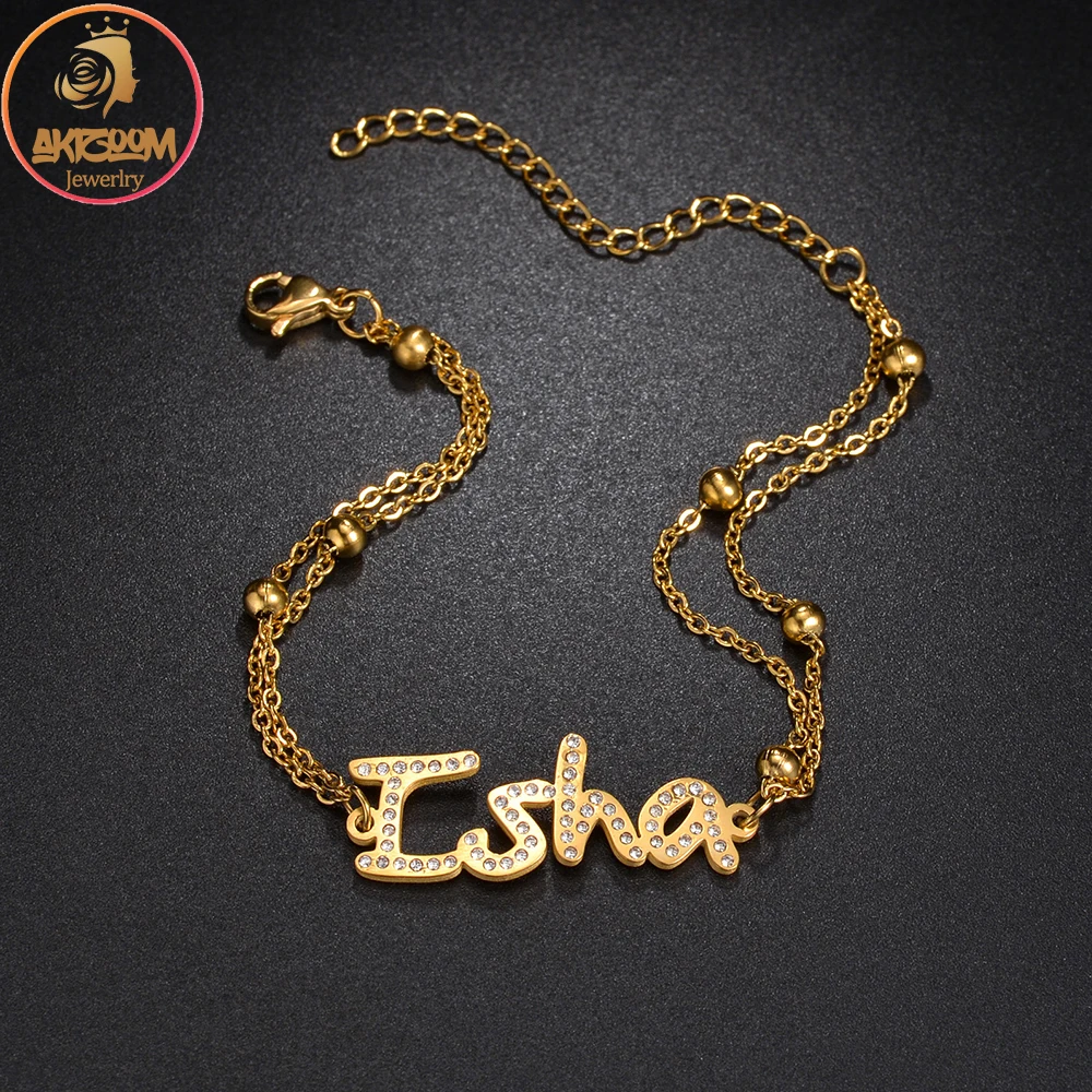 

Двухслойный браслет Akizoom с именем под заказ, браслет-цепочка со звездами, сердцами, браслет из нержавеющей стали с цирконом, буквы для женщин и девушек, фотоподарок