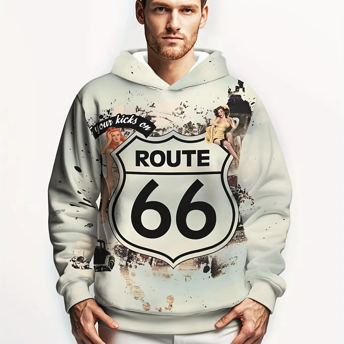 Newest Autumn And Winter Men's Clothing 3d Printed Men's Route 66 Pattern Hoodie Men Loose Casual Trend Retro Fashion Hoodie