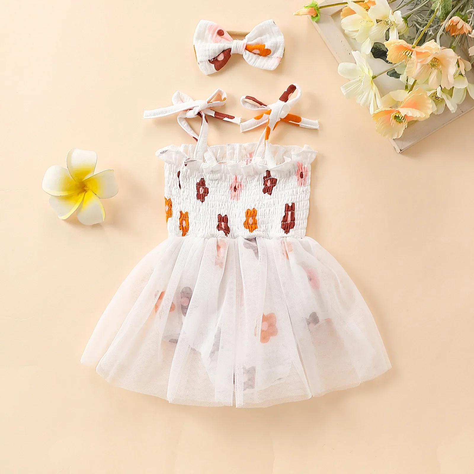 2PCS Cotton Halter Little Sunflower Mesh Princess Dresses Halter Triangle Creeper Suitable for Party Party