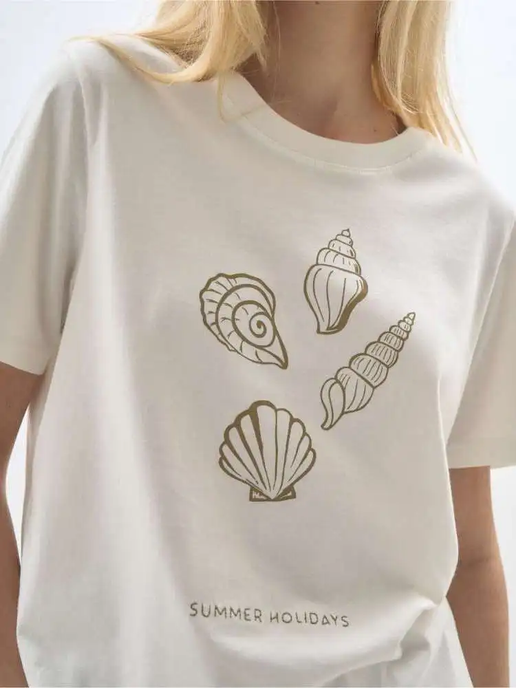 Retro American Summer Ocean  Snail Print Spicy Girl Loose Short Sleeve T-Shirt Women's Trendy Cotton round Neck Top