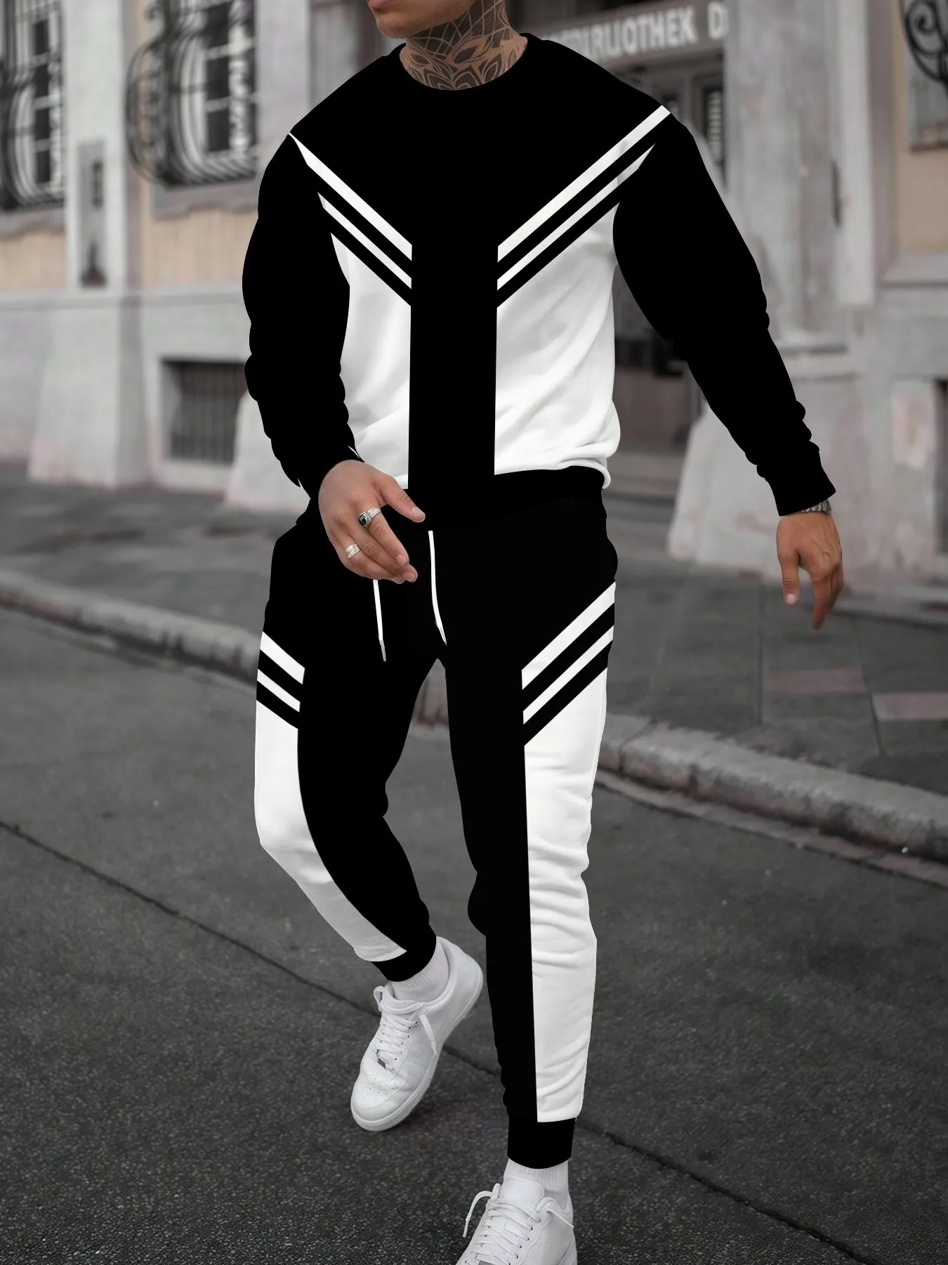 2026 autumn and winter new American street casual and fashionable 3D pattern printed men's round neck sweater set