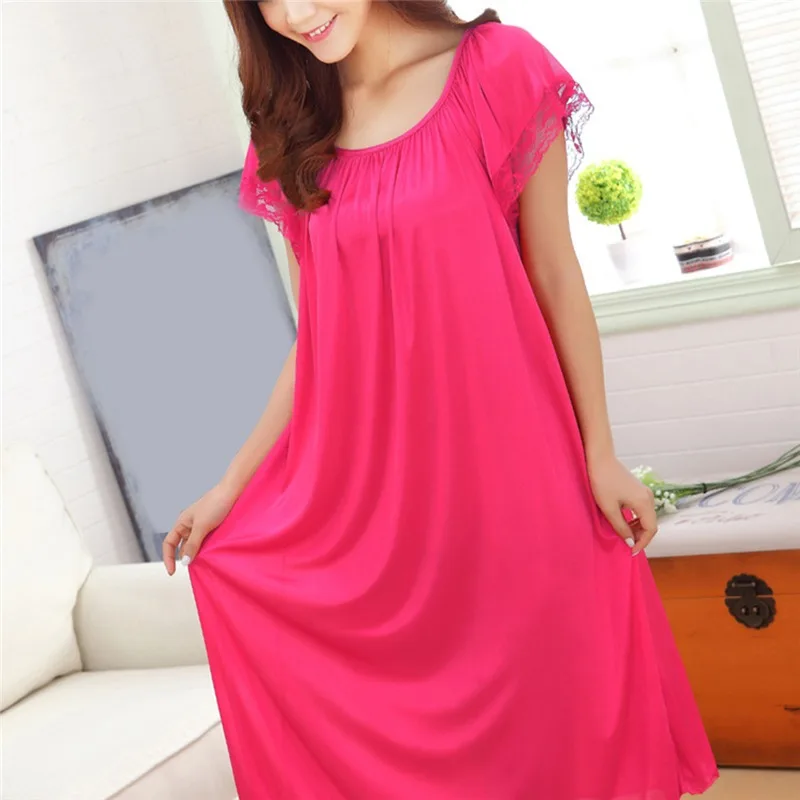 Solid Lace Ice Silk Satin Sleepwear Female Large Sexy Night Dress Nightgown Women Sleeping Dresses Plus Size