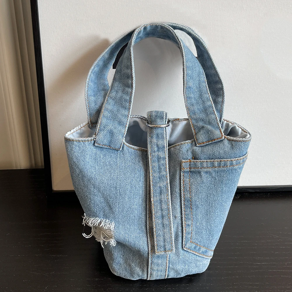 damska torba typu Bucket Vintage Denim Street Handbag Solid Color Handle Handbag Casual Shoulder Bag for Date Party Shopping for Women