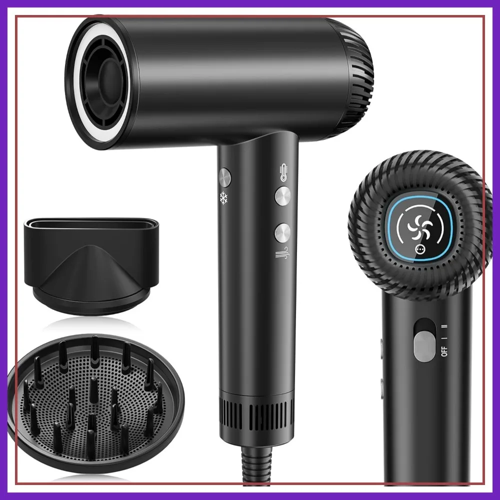 

200,000 RPM High Speed Hair Dryer, 1200M Negative Ions, Low Noise Blow Dryer with Diffuser, for Home Travel Salon, Black