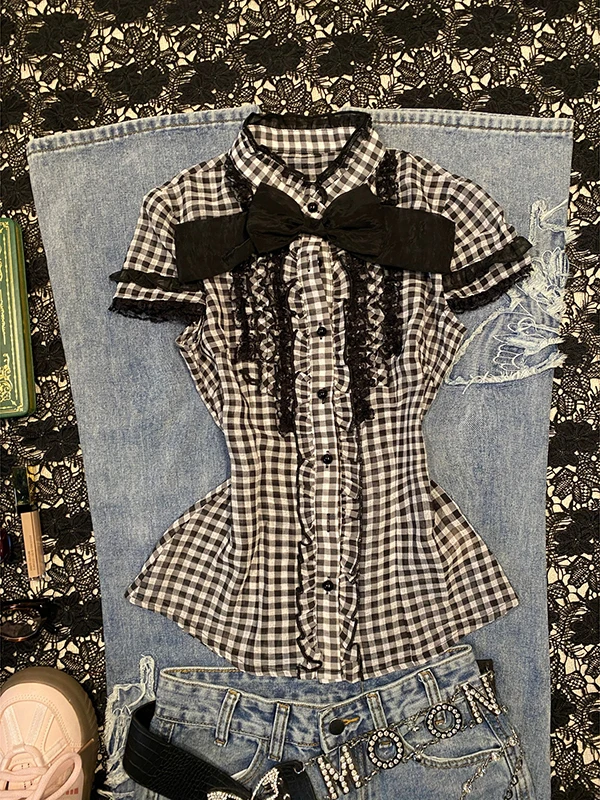 Bla Plaid ort Sve irt Vintage Summer Women's Faion Stand Collar Top Cotton Blend Regular Fit irt Korean Sle