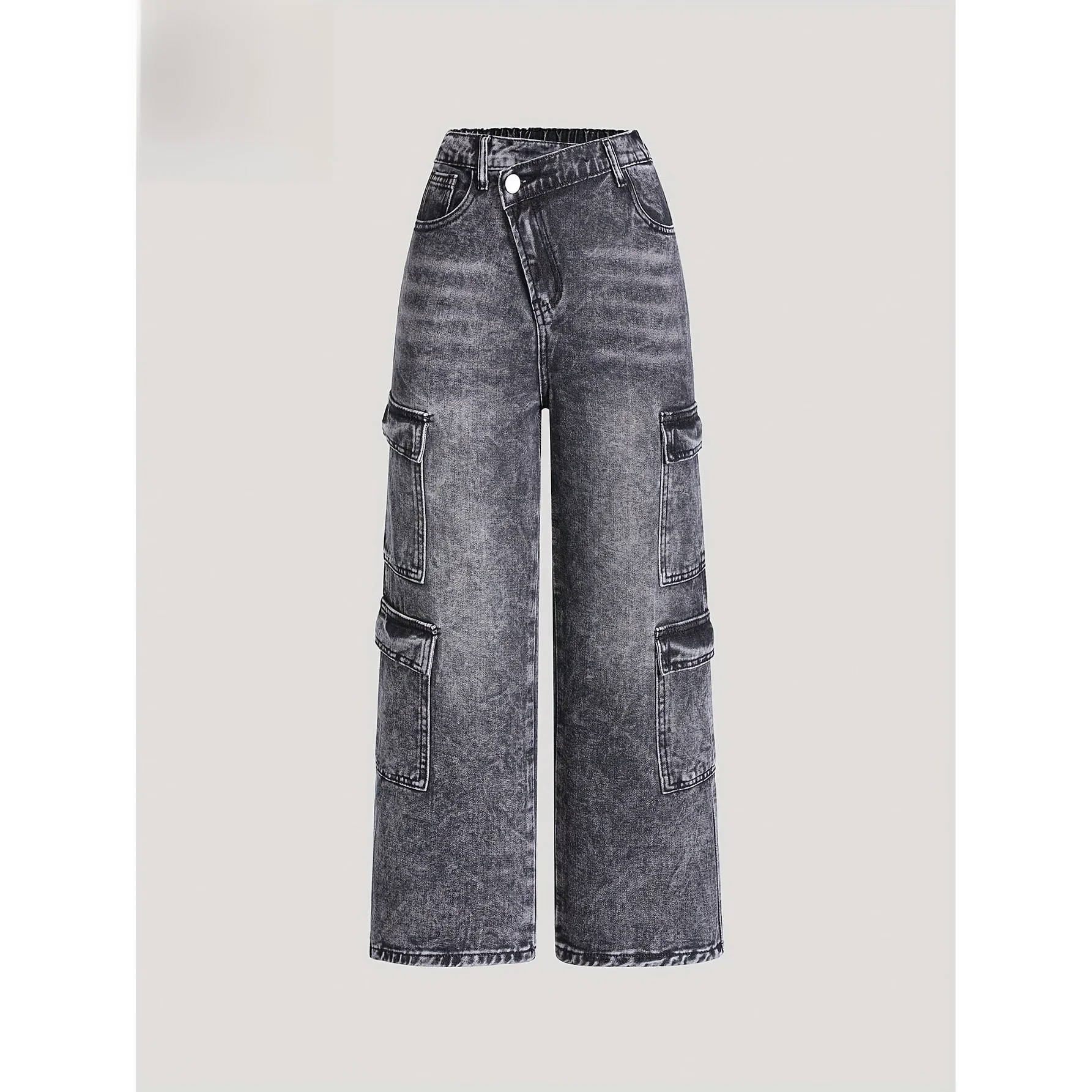

Fashionable Workwear Style Distressed Denim Jeans for Girls with Multiple Pockets Irregular Washed Cotton Natural Waist