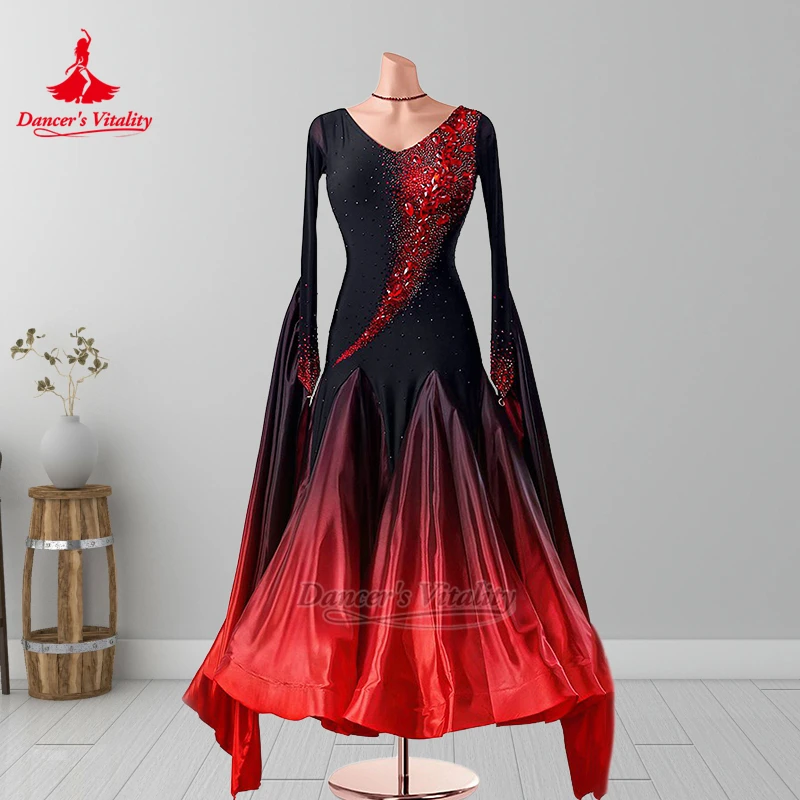 Abito da ballo per sala da ballo a maniche lunghe con sfumatura di colore nero-rosso per adulti Donne personalizzate Foxtrot Abbigliamento professionale Vitality del ballerino
