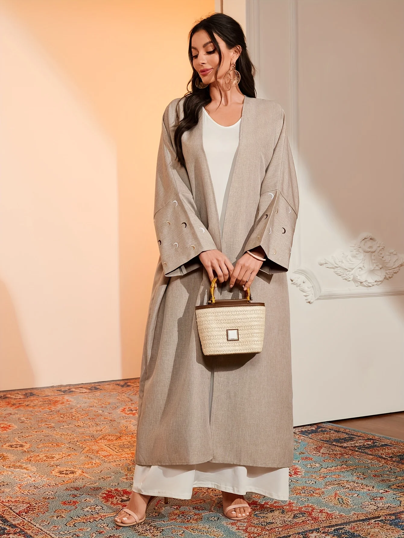 2025 نمط الشرق الأوسط قفطان إسلامي بيج قماش القمر الكفة التفاصيل مثالية للإسلامية في الحياة اليومية منطقة الخليج الأحداث الدينية #6