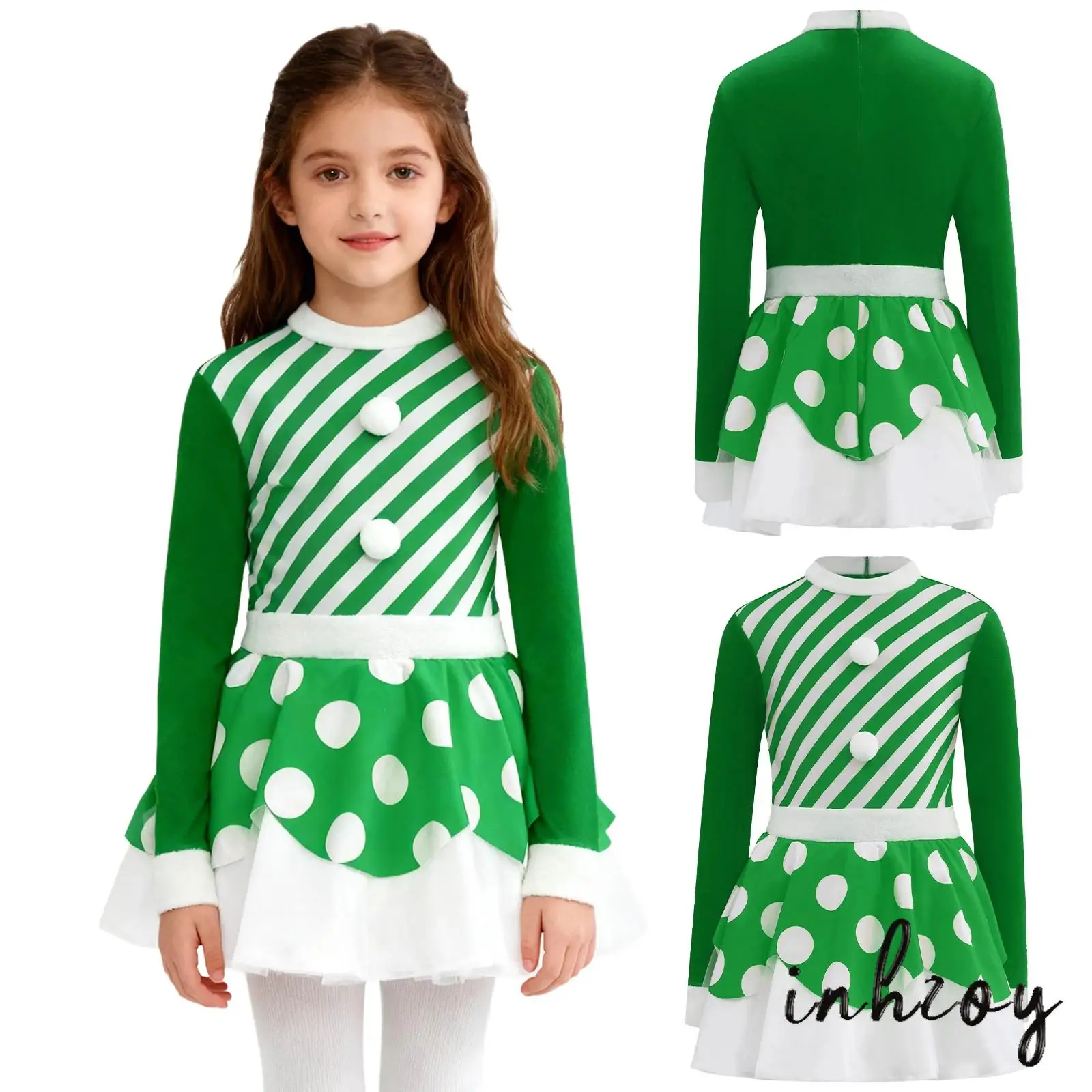 Traje de Papá Noel con bastón de caramelo para niñas, vestidos de Navidad con cremallera Invisible en la espalda con pompón de manga larga para fiesta de Navidad de Año Nuevo