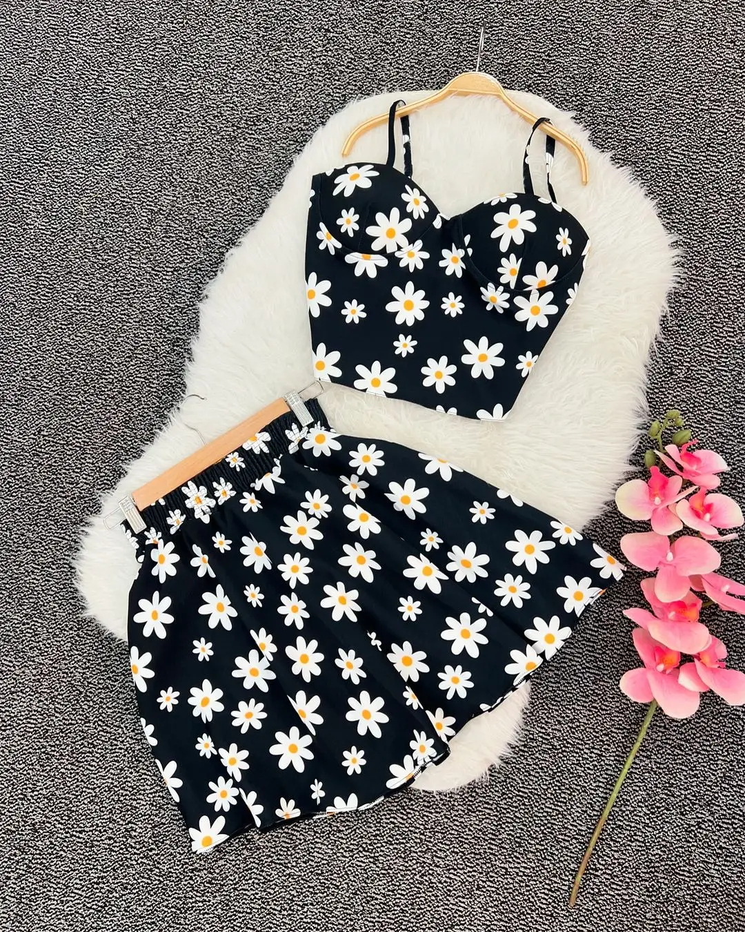 Harajuku New Skirt Sets Oversized Flower Pattern Black Y2k Two Piece Sets Womens Outfits Casual Fashion Dress Suspender Tops