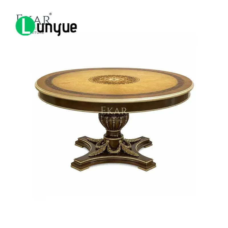 Luxury American Imperial Burr Wood Round Dining Table Classic Phnom Penh Style Solid Wood Base Elegant Home Furniture