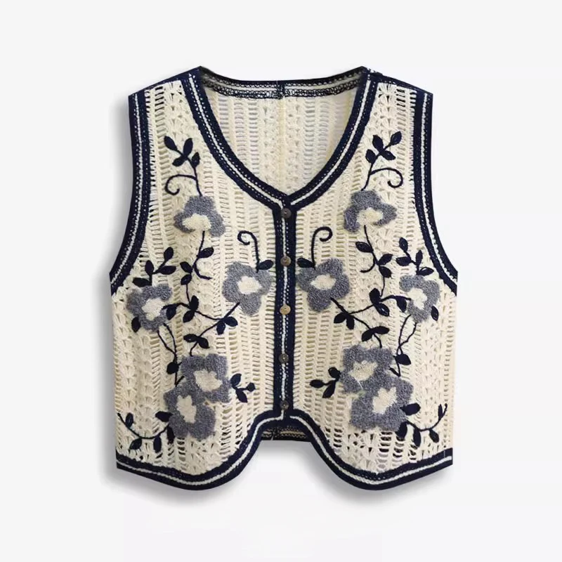 Women's Floral Embroidered Crochet Vest – Boho Open-Knit Button Down Waistcoat S5b6027c56426464586676354404b8966K