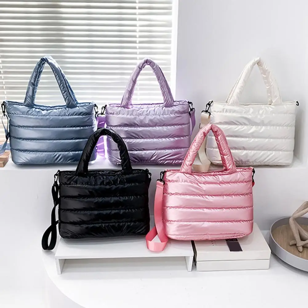 

Women Quilted Tote Bag Large Capacity Smooth Zipper Adjustable Straps Handheld Lazy Pillow Shoulder Bag Winter Handbag bolsos