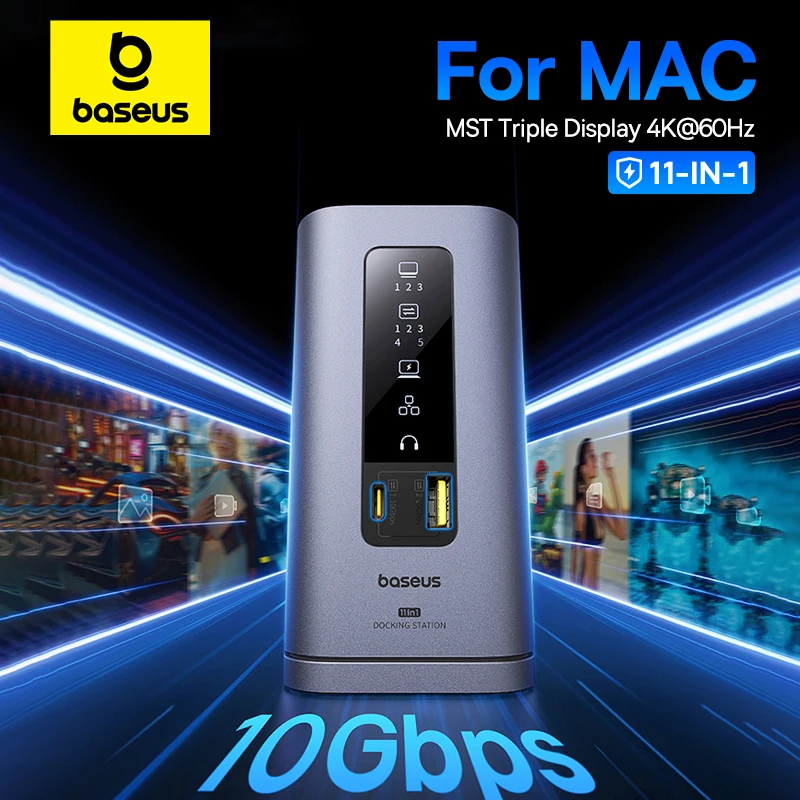 Baseus USB C HUB for Mac M3 M2 M1 System HDMI 4K@60Hz MST Triple Display for MacBook Air Pro Window 11-in-1 HUB Docking Station