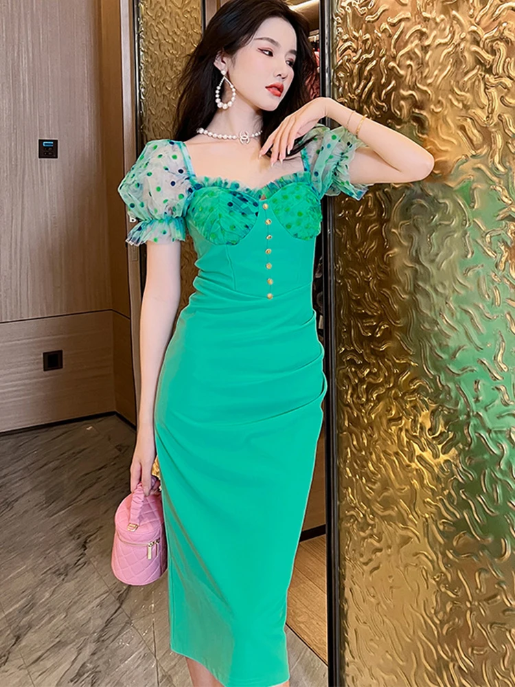 

New Fashion Elegant Women Evening Dress Vintage Sweet Puff Sleeve Slim Slit Midi Party Club Beach Prom Lady Femme Mujer Vestidos