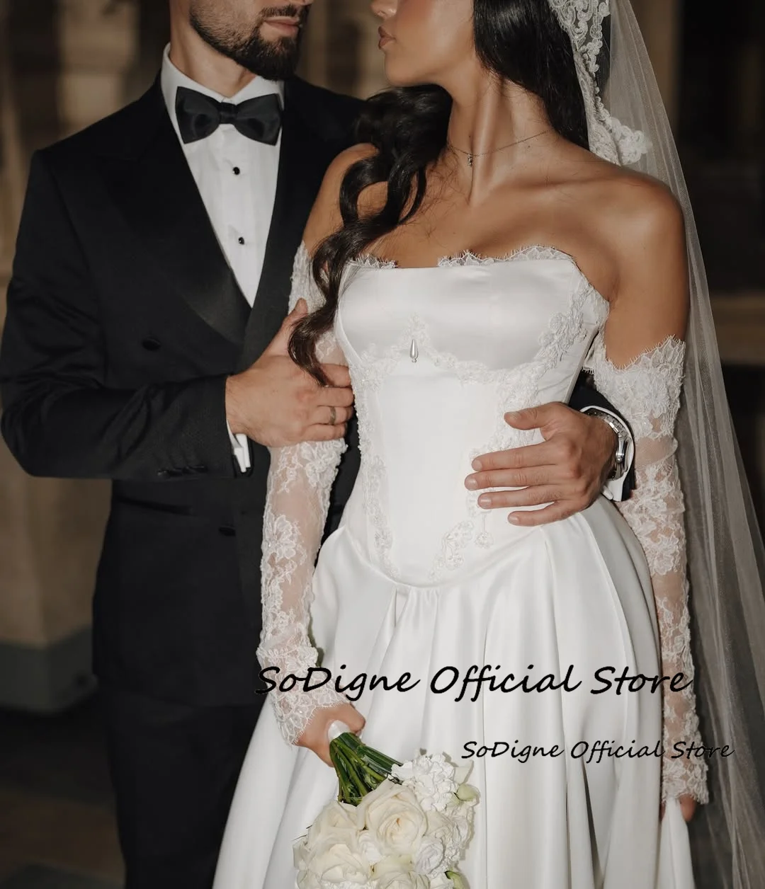 SoDigne Satin A-Linie Brautkleider Trägerlos Abnehmbare Ärmel Brautkleid Hochzeit Party Kleid Robe De Mariee Maßgeschneidert