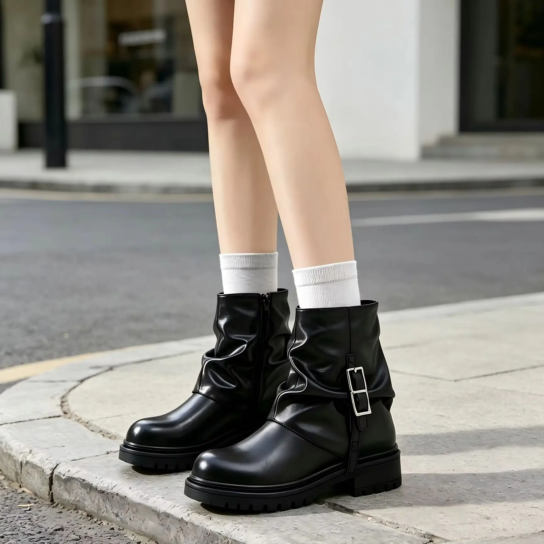Desai Women Lazy Style Slouch Fold Over Mid Calf Boots,Autumn Winter Platform Thick Sole Boots, Fleece Lined Warm Non Slip