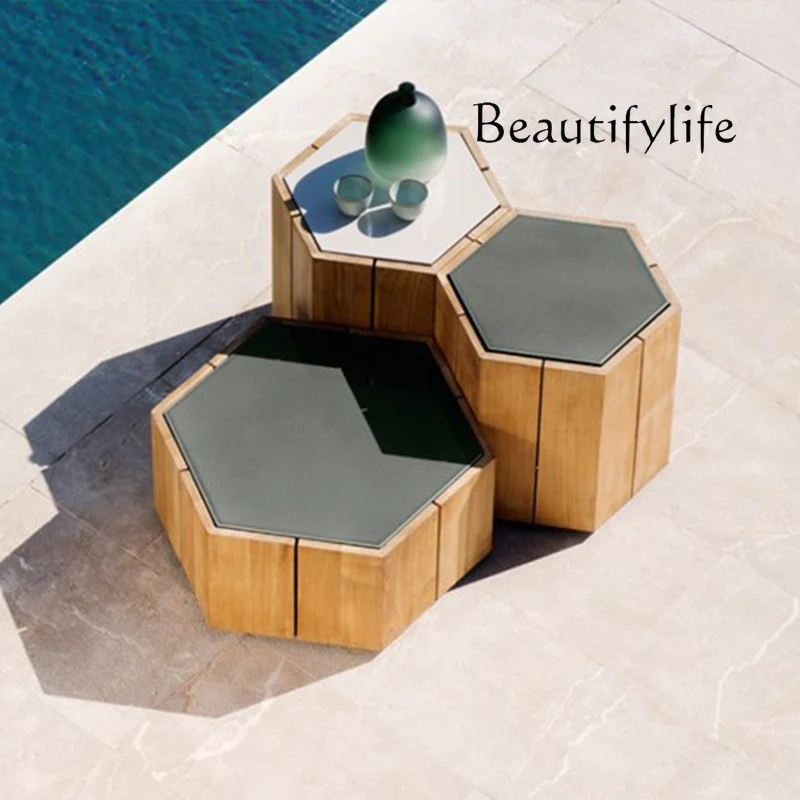 Outdoor Solid Wood Coffee Table Hexagonal Creative Outdoor Sofa Teak Shaped Balcony Small Coffee Table