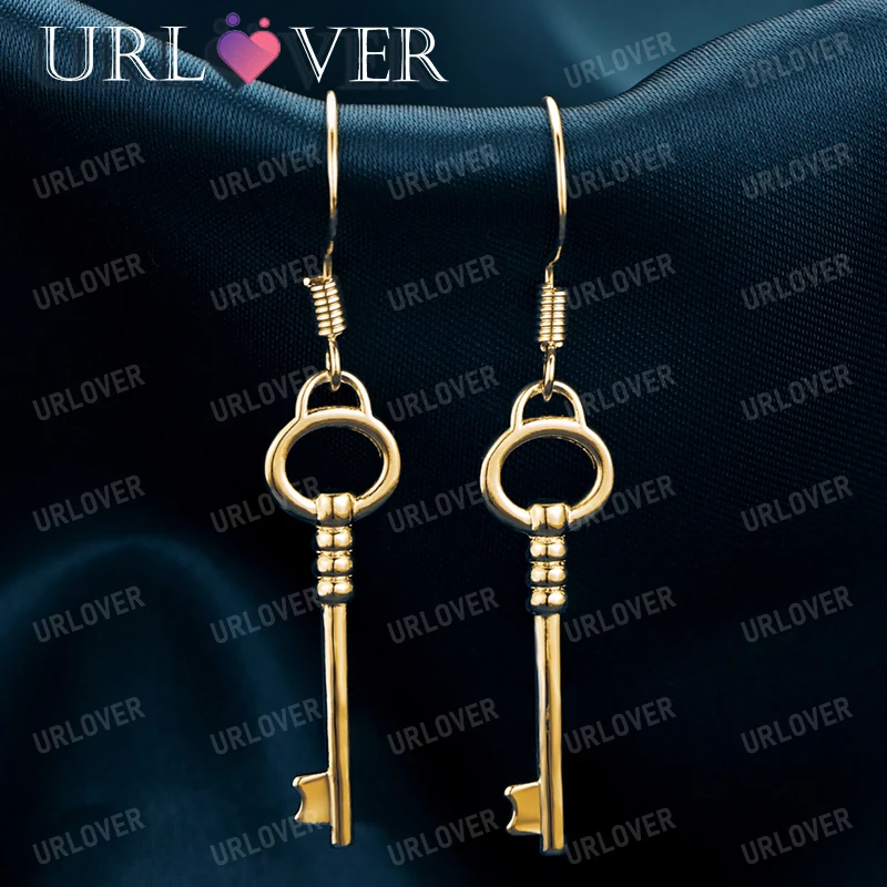 

URLOVER 18K Gold Key Earrings For Women 925 Sterling Silver Drop Earring Party Engagement Wedding Birthday Fashion Jewelry Gifts