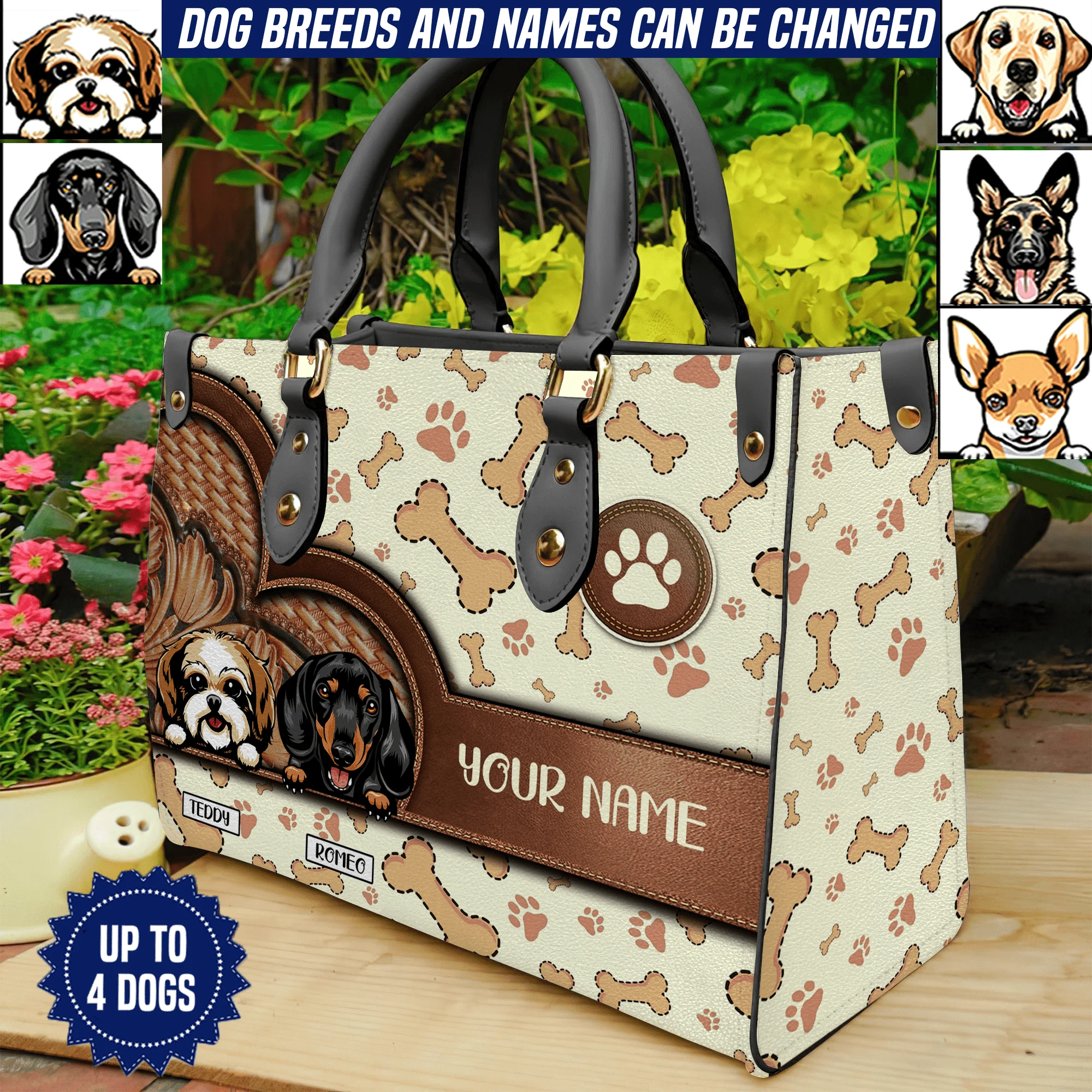 Cute Dogs With Paw Personalized Leather Handbag Custom Gift for Dog Lover Birthday Gift for Ladies Women Thanksgiving Christmas