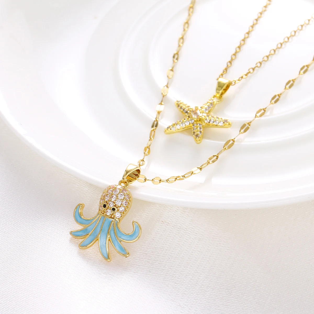 Fashion Crystal Octopus Necklace for Women Exquisite Zircon Starfish Pendant Stainless Steel Marine Life Jewelry