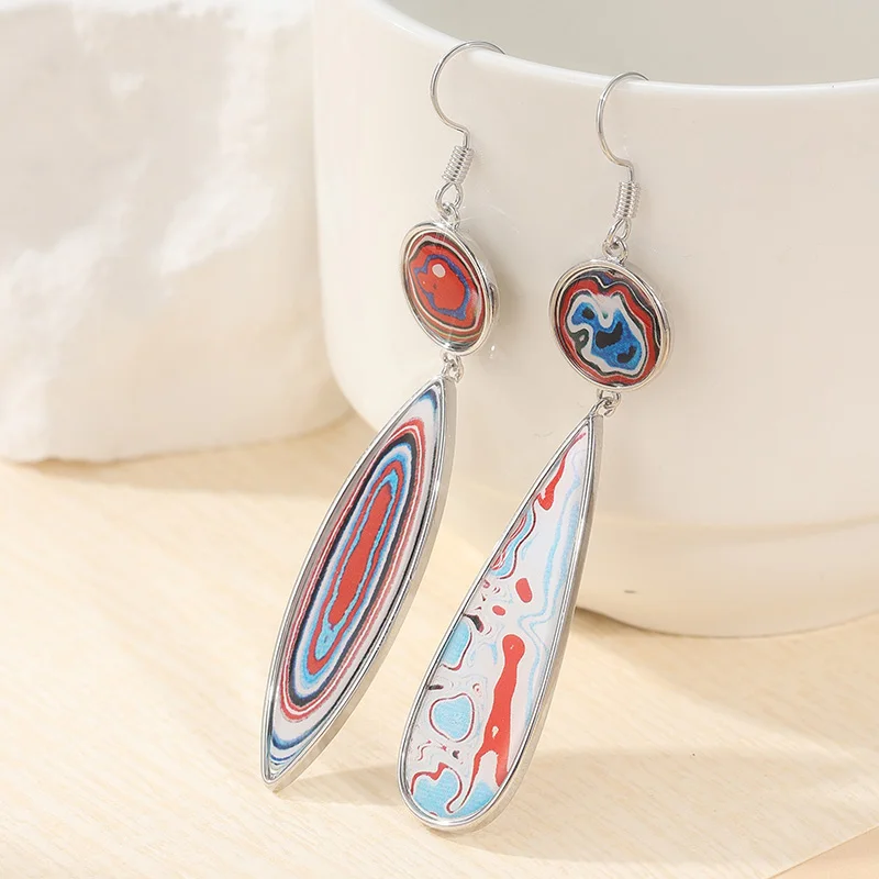 Ethnic Silver Color Women's Earrings Vintage Design Paste Multicolor Pattern Dangle Earrings Woman Jewelry
