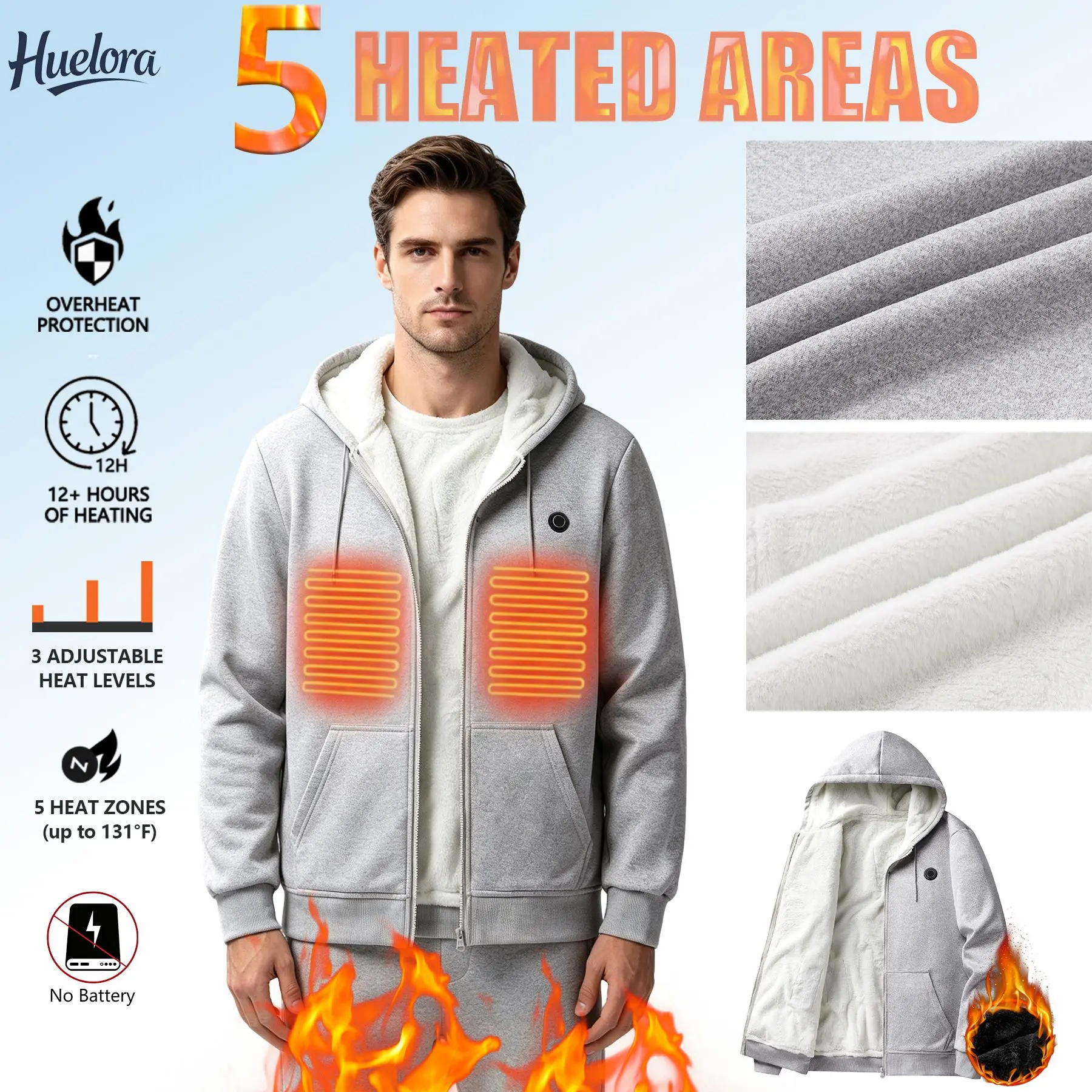 Huelora Unisex Heated Hoodie 5 Heating Zones 3 Levels Temperature Control Fleece Lined USB Electric Heating Zip Up Jacket