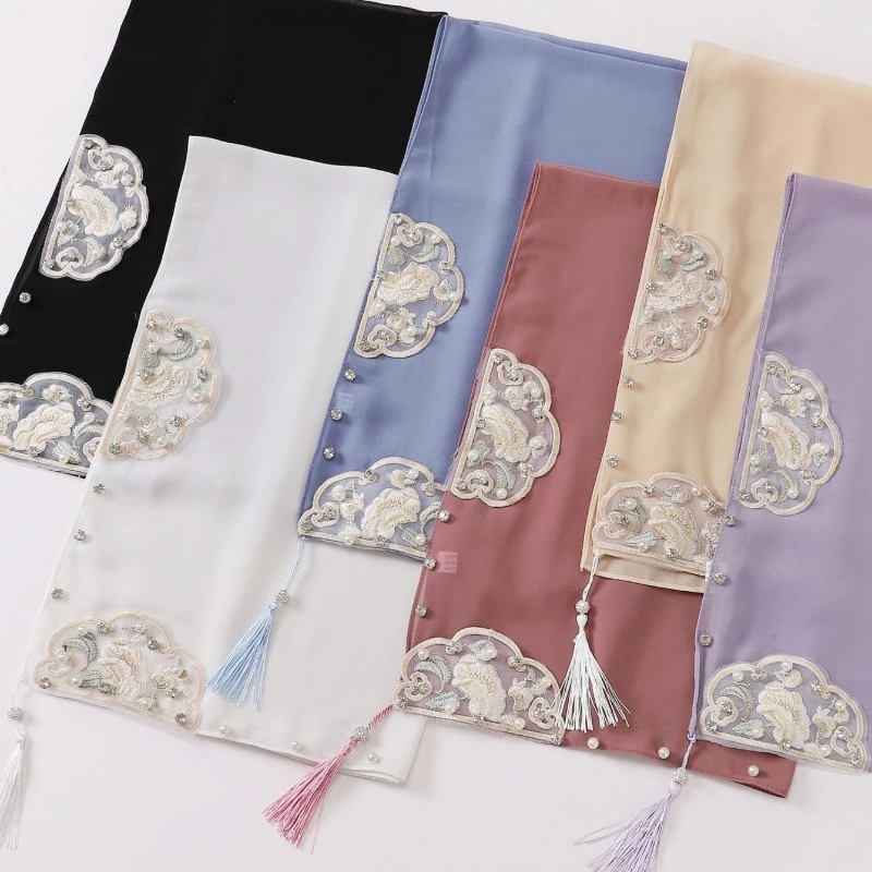 Women Palace Classical Style Chiffon Hijab Embroidery with Pearl Headscarf Diamond Tassel Elegant Muslim Scarf Islamic Veil