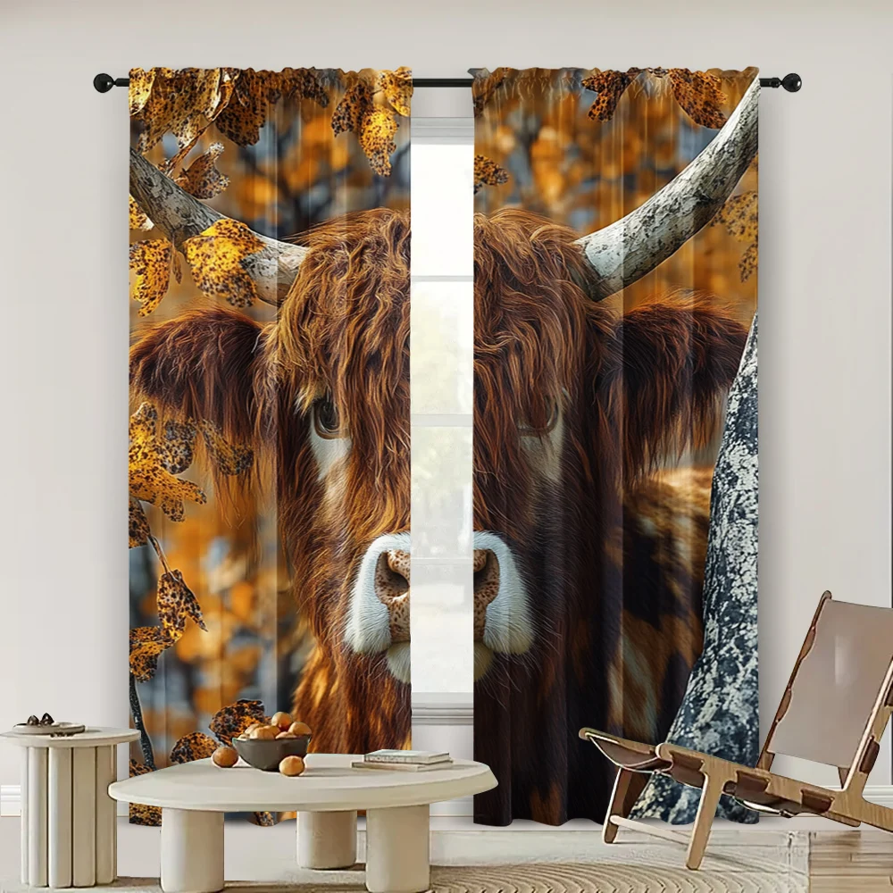 2pc,  Curtains Highland cattle Versatile 100% Polyester,Without Electricity Birthday Party Suitable for Various room decor