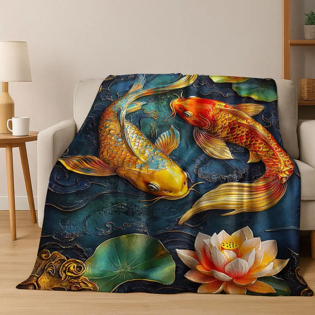 Luxurious Lucky Koi Fish Yin Yang Carp Cartoon Flannel Blanket,Cozy Soft Throw Blanket for Home Bedroom Bed Sofa Cover Gift Kid