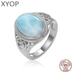 XYOP 925 Silver Gift Natural Blue Larimar National Ethos Oval Goose Egg Line Ring, Taste Worthy Of Easy Strength To Match