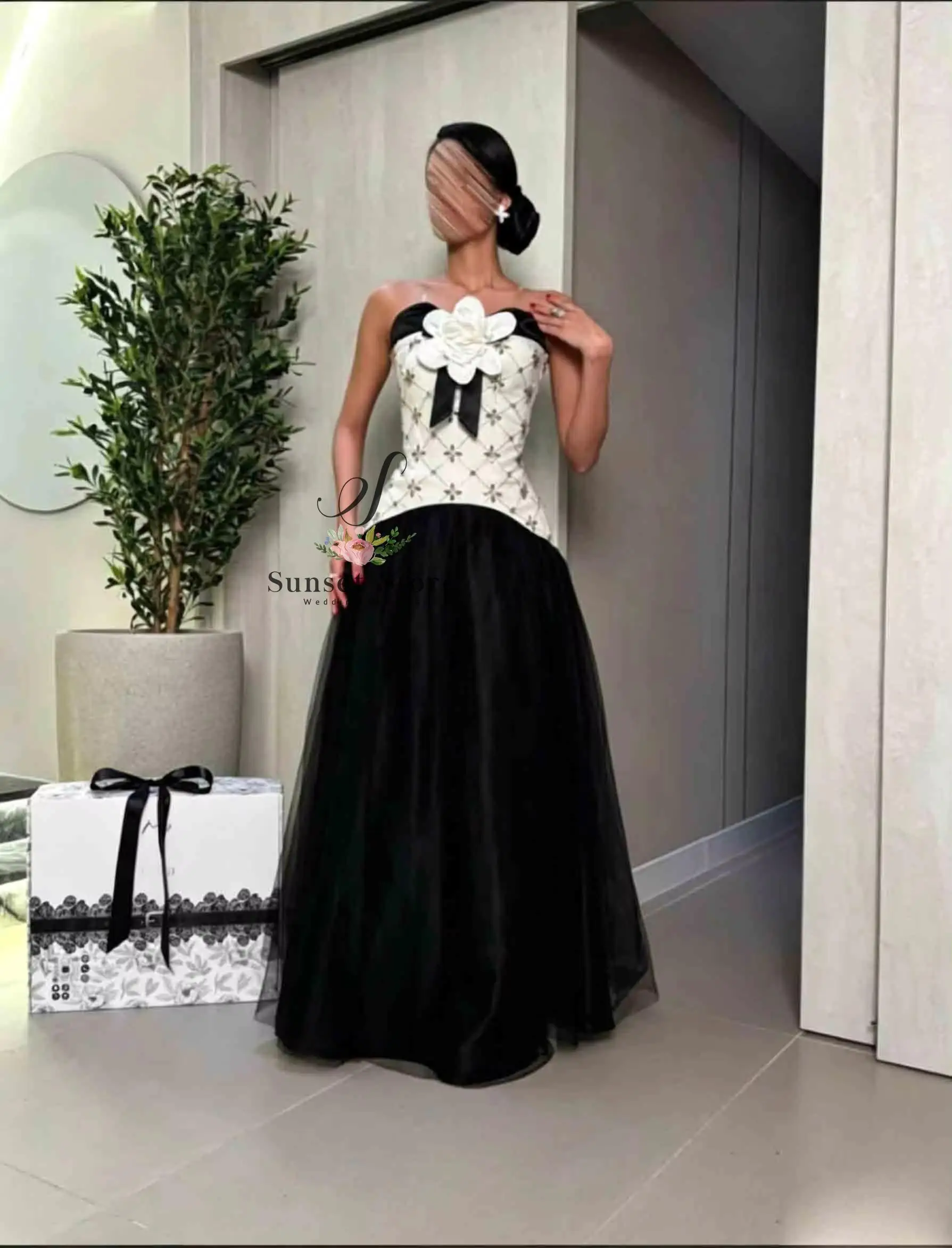 Customized Black and White Strapless Ball Gown with 3D Flower, Beaded Bodice Tulle Skirt Formal Evening Dress - view 3